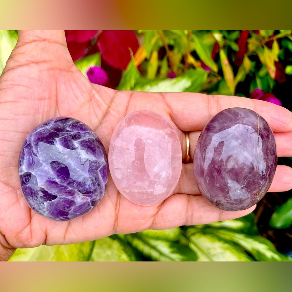 Natural Amethyst and Rose Quartz Palm Stones